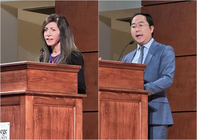 Tammy Murphy and Andy Kim side by side speaking at podiums