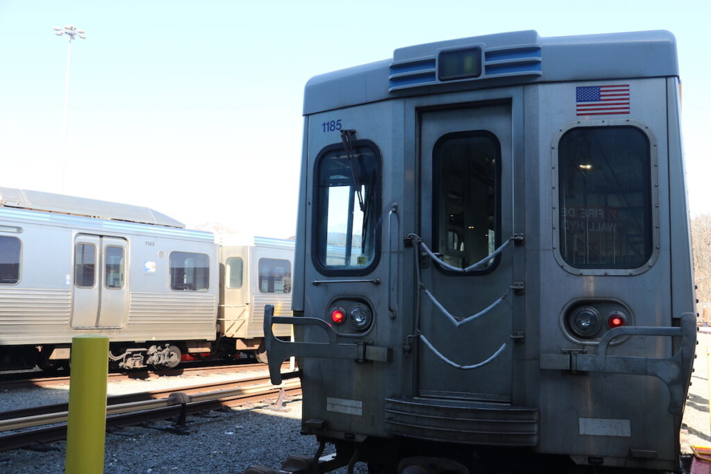 A close-up of a Market-Frankford Line rail car