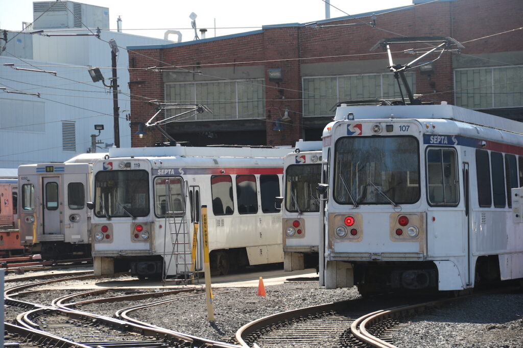 mfl-new-cars-13 Trolleys and rail cars lined up next to each other at the 69th Street Transportation Center