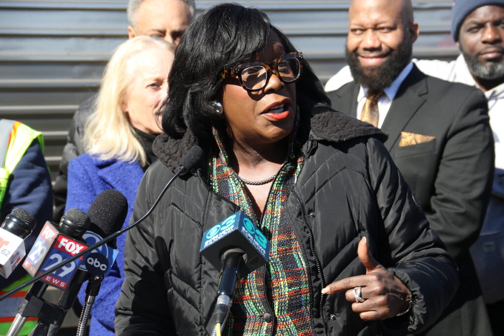 Philadelphia Mayor Cherelle Parker speaks at a podium