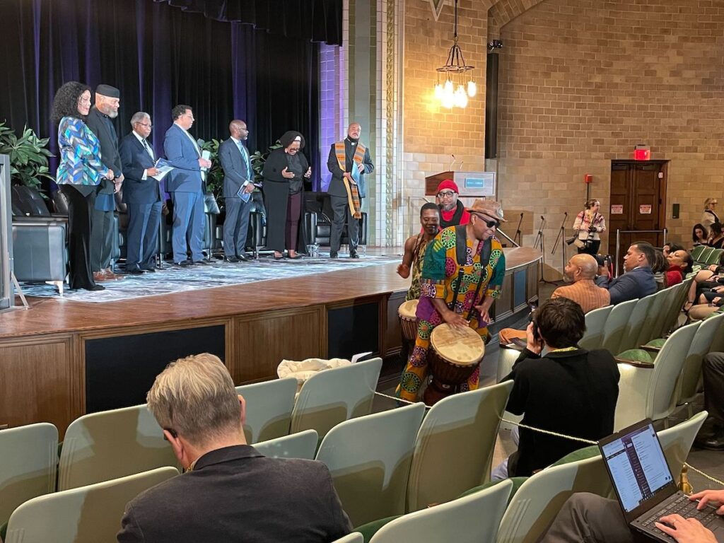 The opening Karen Smith Drums processional at the memorial service at Penn Museum