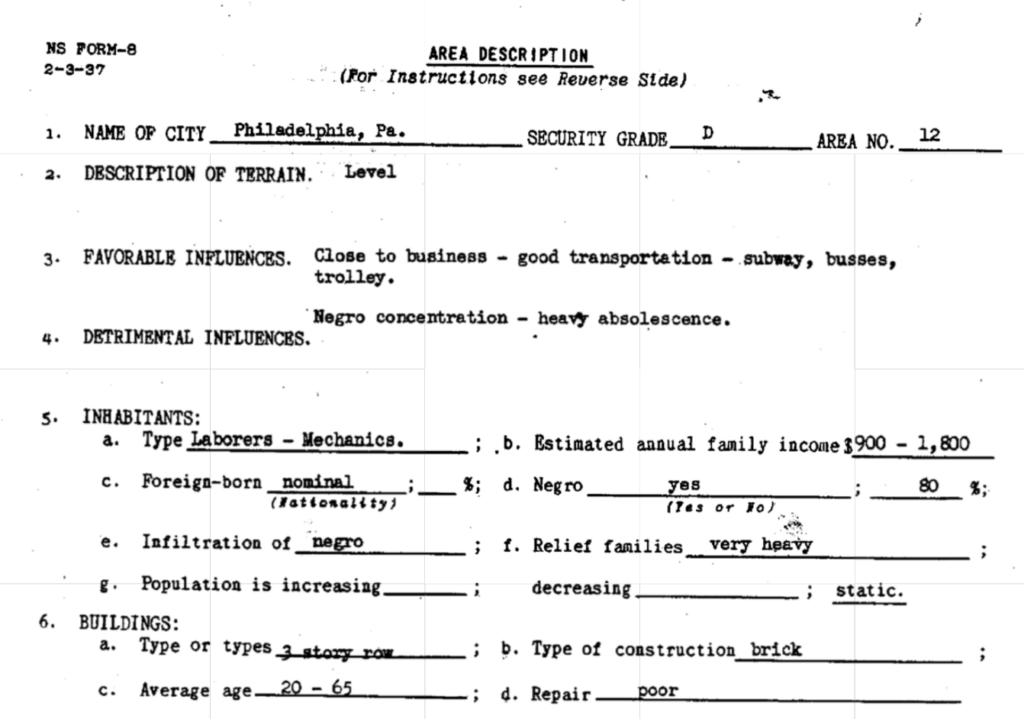 An example of criteria used by the Homeowner's Loan Corporation in the 1930s.
