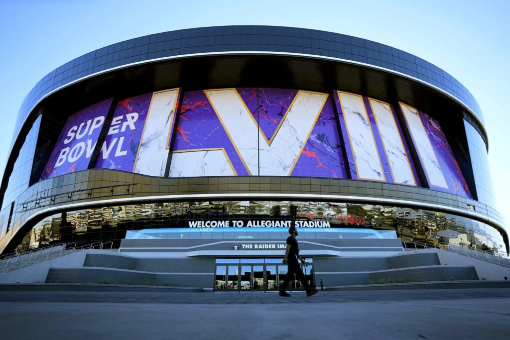 super-bowl-lviii Allegiant Stadium with a big sign that reads LVIII