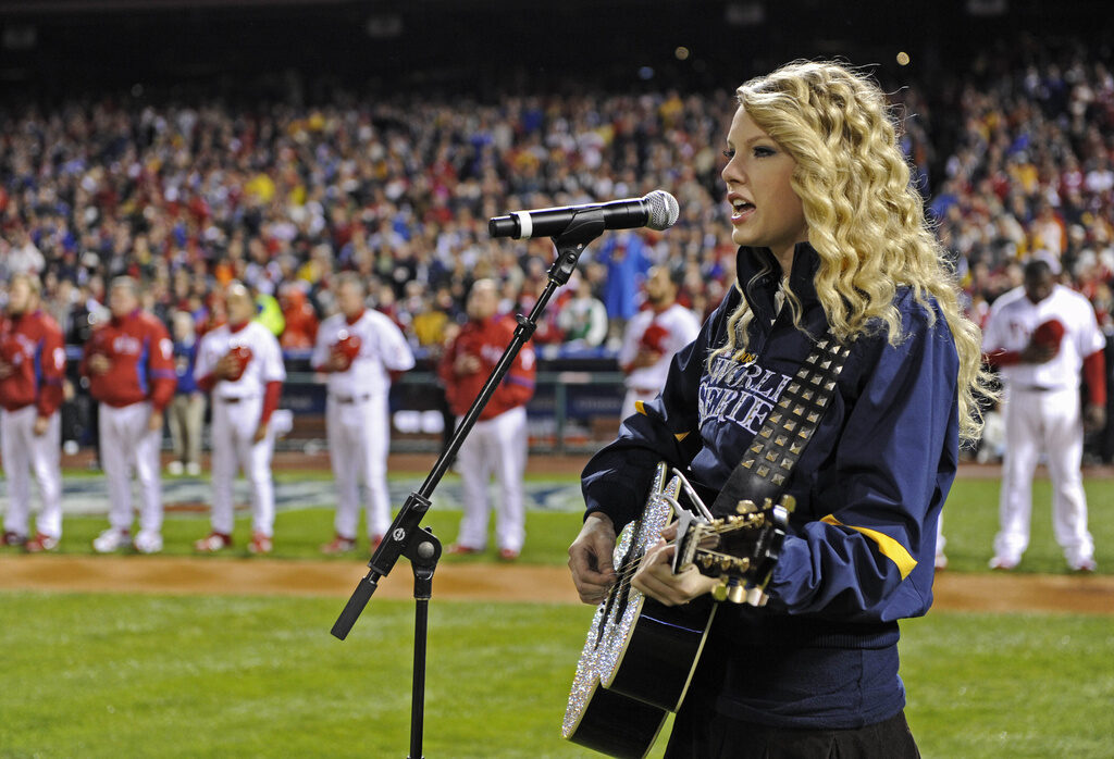 Super Bowl-Swift-National Anthems Singer Taylor Swift performs before Game 3 of the baseball World Series between the Tampa Bay Rays and Philadelphia Phillies Saturday, Oct. 25, 2008