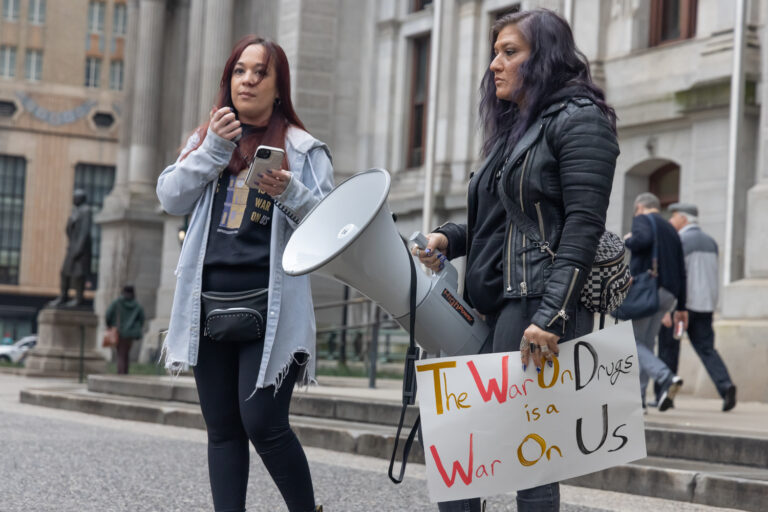 Advocates for harm reduction rallied outside City Hall in Philadelphia on March 7, 2024.