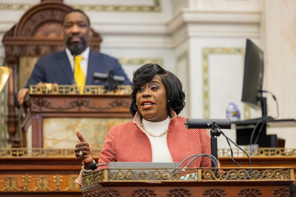 03 14 2024 k paynter reduced size mayor parker budget address-2 Cherelle Parker addressing City Council, with Kenyatta Johnson behind her
