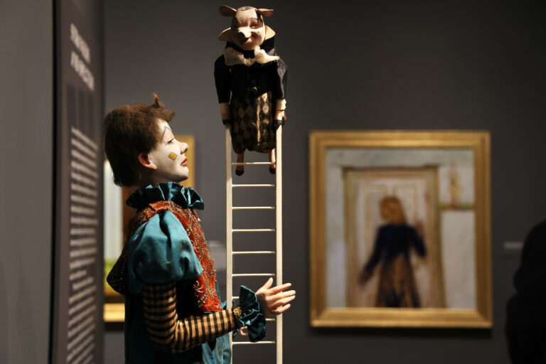 An antique automaton greets visitors to the exhibit ''Jamie Wyeth: Unsettled'' at Brandywine Museum of Art. It sets the tone for an exploration of the artist's darker side. (Emma Lee/WHYY)