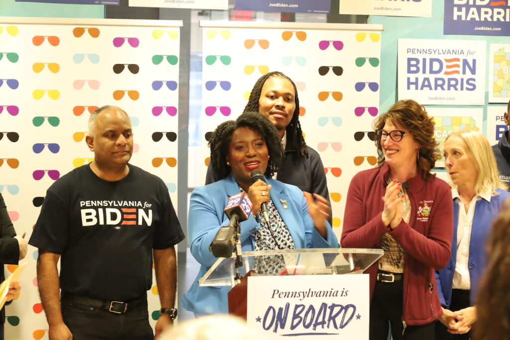 30CROPEN-McClinton Speaker of the Pennsylvania House of Representatives Joanna McClinton addresses the crowd at the opening of the Biden campaign’s new Eastern Pennsylvania headquarters in Center City. (Carmen Russell-Sluchansky/WHYY)