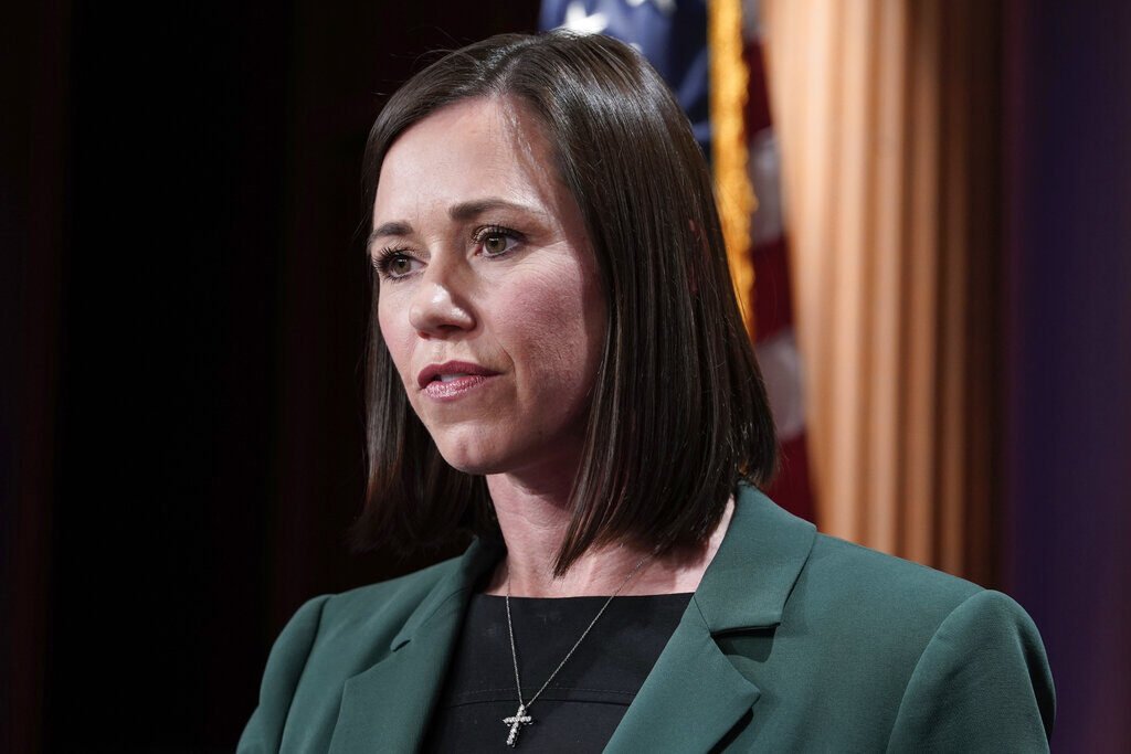 Sen. Katie Britt, R-Ala.,, speaks during a news conference