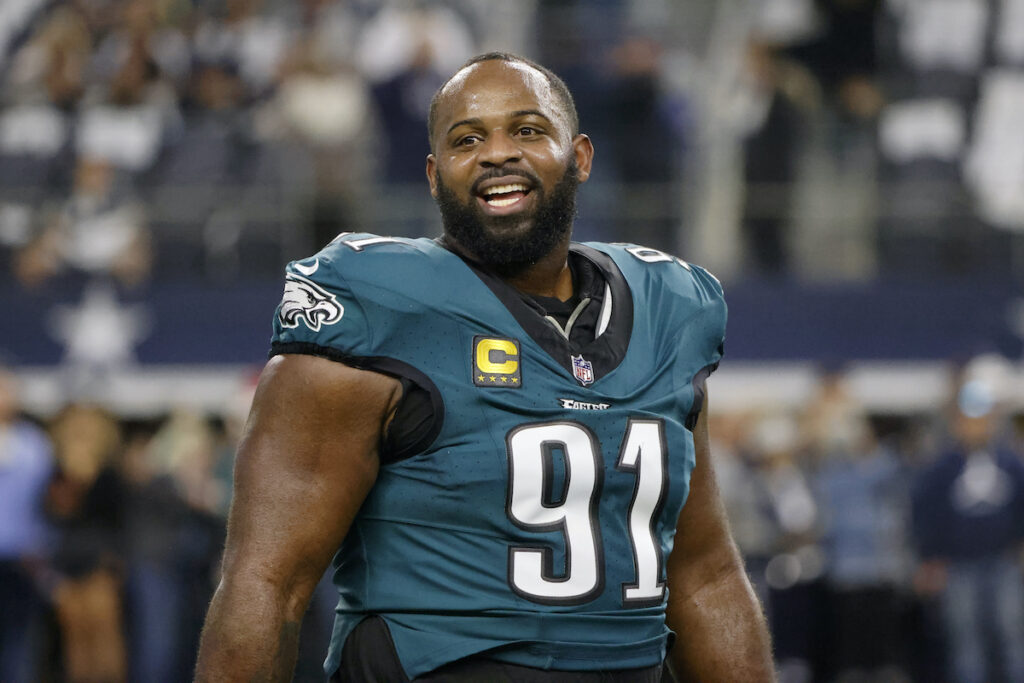 Eagles Cowboys Football Philadelphia Eagles defensive tackle Fletcher Cox (91) stands on the field prior to an NFL Football game in Arlington, Texas, Sunday, Dec. 10, 2023.