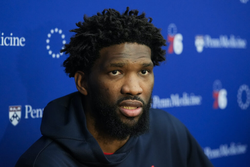 76ers Basketball Philadelphia 76ers center Joel Embiid speaks with members of the media at the NBA basketball team's practice facility, Thursday, Feb. 29, 2024, in Camden, N.J.