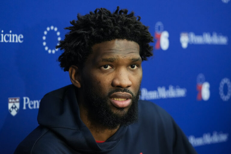 Philadelphia 76ers center Joel Embiid speaks with members of the media at the NBA basketball team's practice facility, Thursday, Feb. 29, 2024, in Camden, N.J.