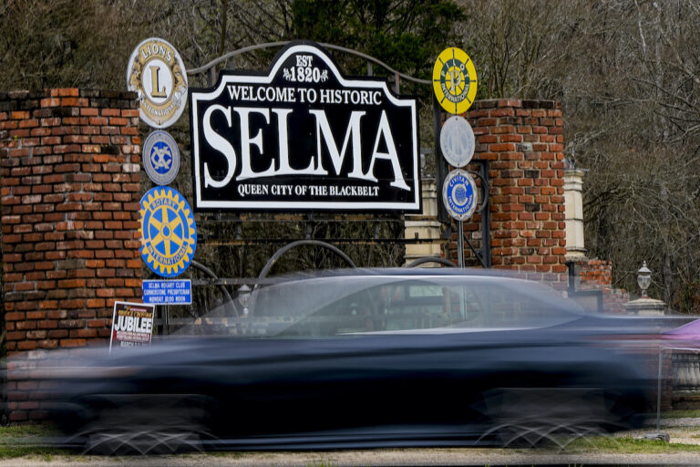 A vehicle passes by the town welcome sign, Thursday, Feb. 29, 2024, in Selma, Ala. Events commemorating the 59th anniversary of the Bloody Sunday voting rights march in 1965 will culminate with a bridge crossing in Selma, Ala, on Sunday, March 3.