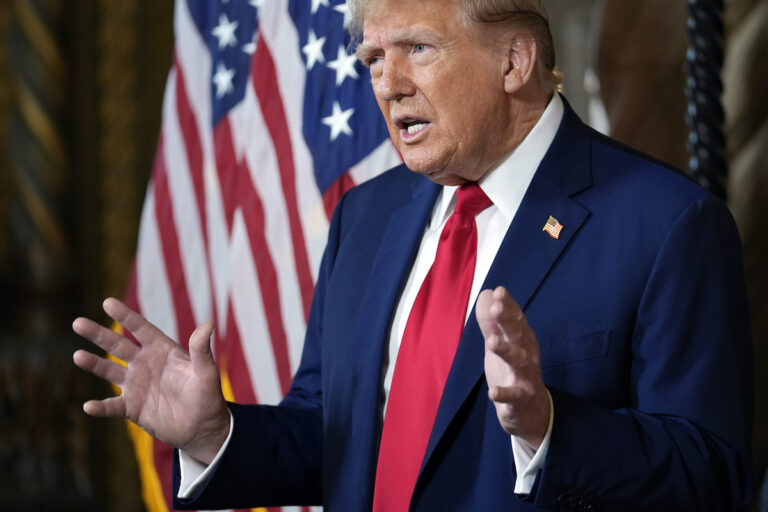 Republican presidential candidate former President Donald Trump speaks at his Mar-a-Lago estate