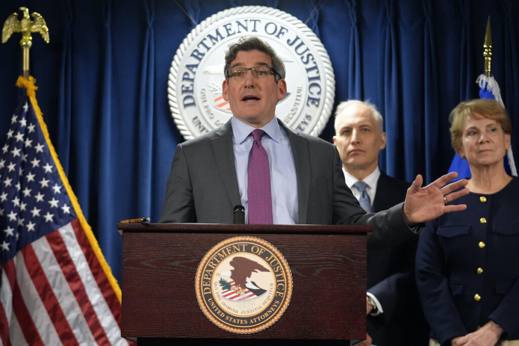 Joshua Levy, acting U.S. Attorney district of Massachusetts (left) faces reporters as Matthew Olsen, assistant attorney general justice department's national security division (center) and Nadine Pellegrini, chief of national security at the U.S Attorney's office (right) look on during a news conference, Monday, March 4, 2024, in Boston. Massachusetts Air National Guardsman Jack Teixeira plead guilty in federal court Monday to leaking highly classified military documents about Russia's war in Ukraine and other national security secrets. (AP Photo/Steven Senne)
