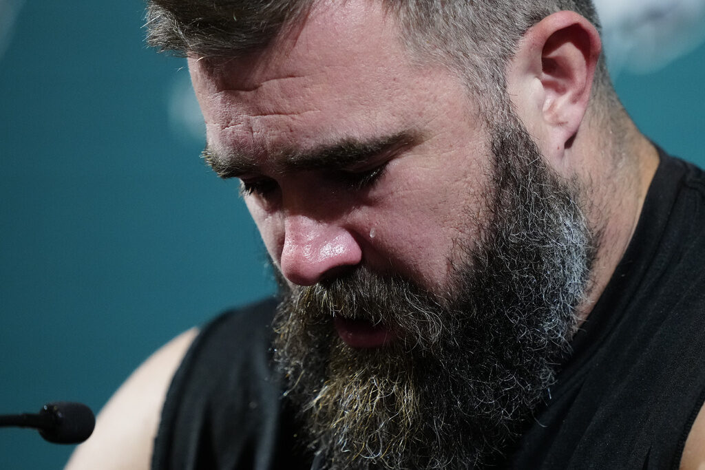 APTOPIX Eagles Kelce Retires Football Philadelphia Eagles' Jason Kelce cries during an NFL football press conference announcing his retirement in Philadelphia, Monday, March 4, 2024. (AP Photo/Matt Rourke)