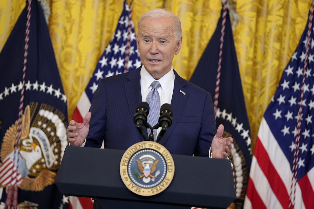 President Joe Biden speaks in the East Room of the White House, Feb. 23, 2024, in Washington. Biden is forming a new ''strike force'' to crack down on illegal and unfair pricing on things like groceries, prescription drugs, health care, housing and financial services.