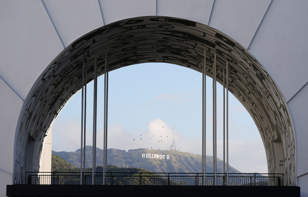 Oscars – 96th Academy Awards Hollywood sign visible in the distance through a theater window