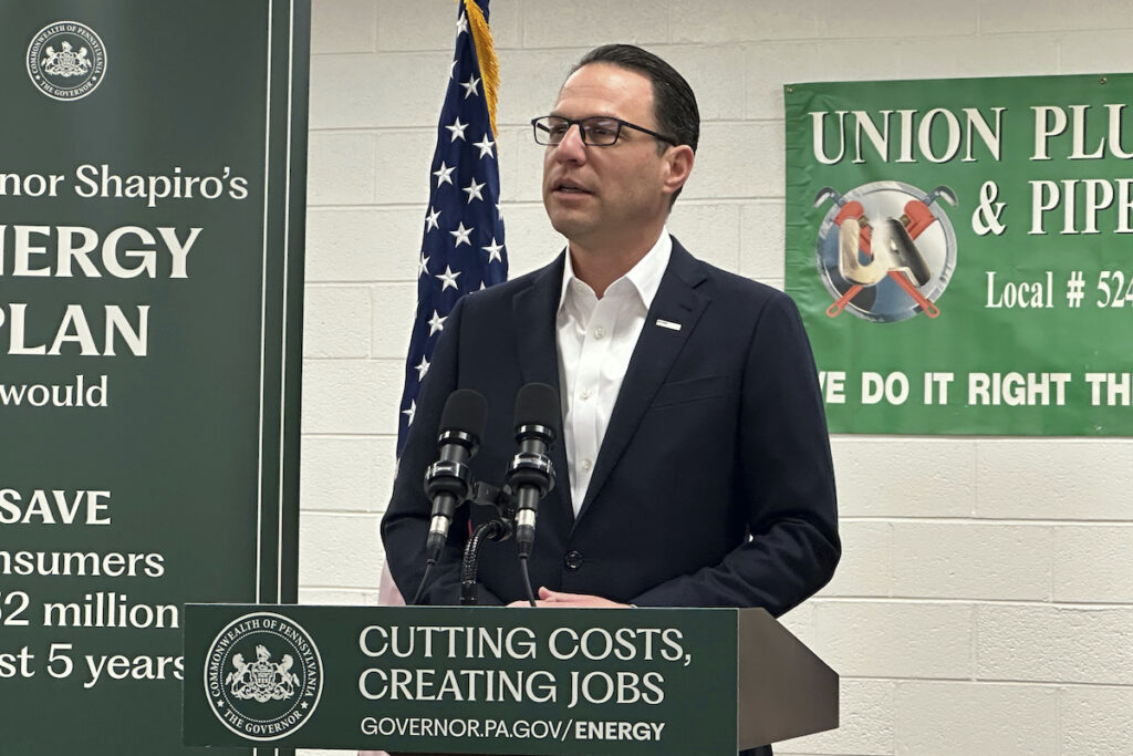 Climate Change-Pennsylvania Pennsylvania Gov. Josh Shapiro speaks at a news conference at the United Association Local 524 union building in Scranton, Pa., on Wednesday, March 13, 2024.