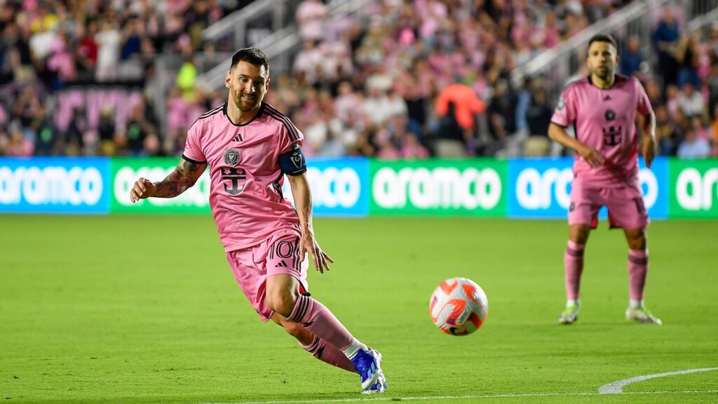 Inter Miami forward Lionel Messi chases the ball after a penalty kick during the first half of a CONCACAF Champions Cup soccer match against Nashville SC, Wednesday, March 13, 2024, in Fort Lauderdale, Fla.