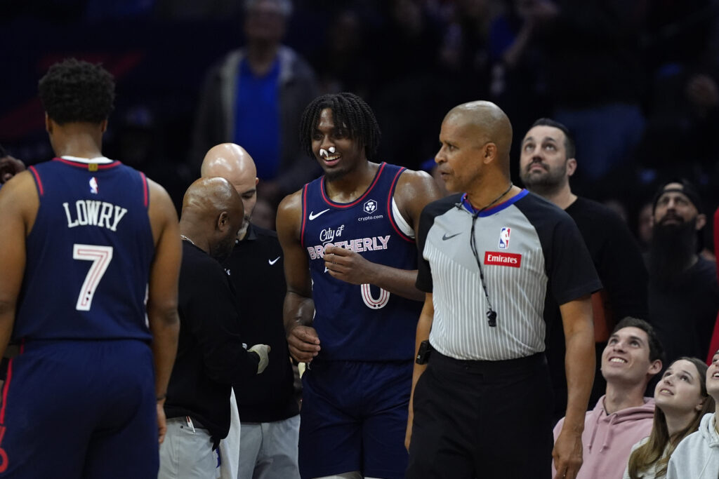 Hornets 76ers Basketball Philadelphia 76ers' Tyrese Maxey (0) reacts after being fouled by Charlotte Hornets' Brandon Miller during the first half of an NBA basketball game, Saturday, March 16, 2024, in Philadelphia.