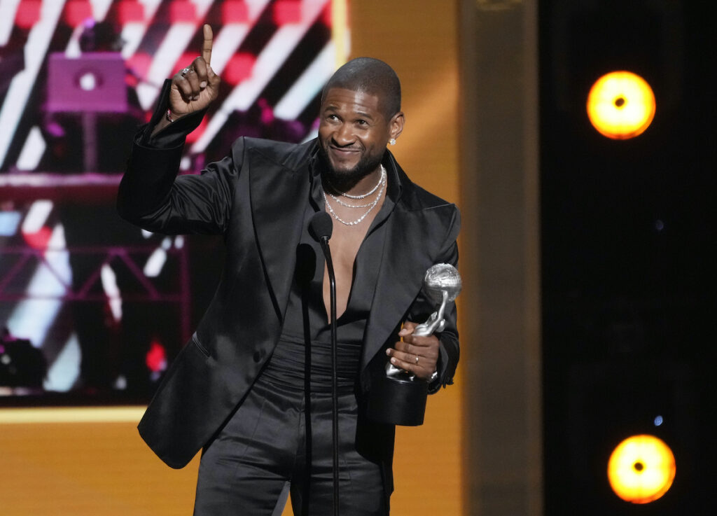 Usher Usher addresses the audience after winning Entertainer of the Year during the 55th NAACP Image Awards, Saturday, March 16, 2024, at The Shrine Auditorium in Los Angeles.