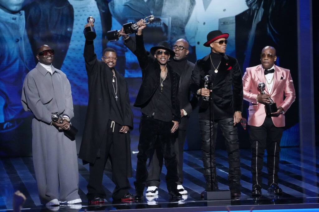 Johnny Gill (from left), Ricky Bell, Ralph Tresvant, Bobby Brown, Ronnie DeVoe and Michael Bivins of New Edition accept the Hall of Fame award during the 55th NAACP Image Awards, Saturday, March 16, 2024, at The Shrine Auditorium in Los Angeles.
