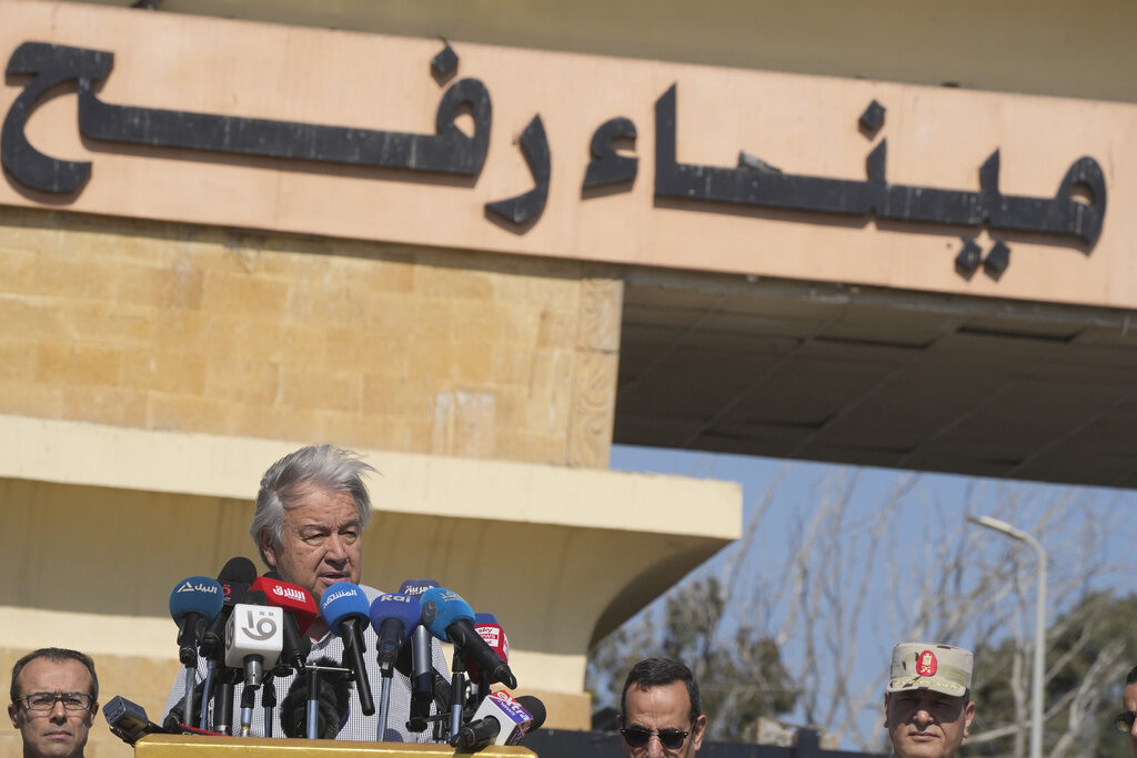 Antonio Guterres United Nations Secretary General Antonio Guterres speaks after his visit to the Rafah border crossing between Egypt and the Gaza Strip, Saturday, March 23, 2024. Arabic reads,