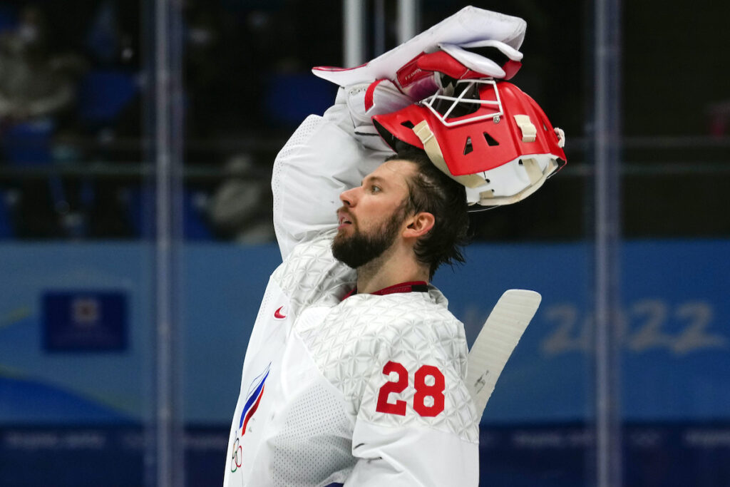 Flyers Fedotov Hockey File photo: Russian Olympic Committee goalkeeper Ivan Fedotov (28) reacts after a goal by Finland's Hannes Bjorninen during the men's gold medal hockey game at the 2022 Winter Olympics, Sunday, Feb. 20, 2022, in Beijing. (AP Photo/Petr David Josek, File)