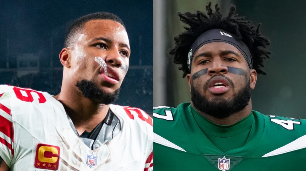 New York Giants running back Saquon Barkley (left) and New York Jets defensive end Bryce Huff.