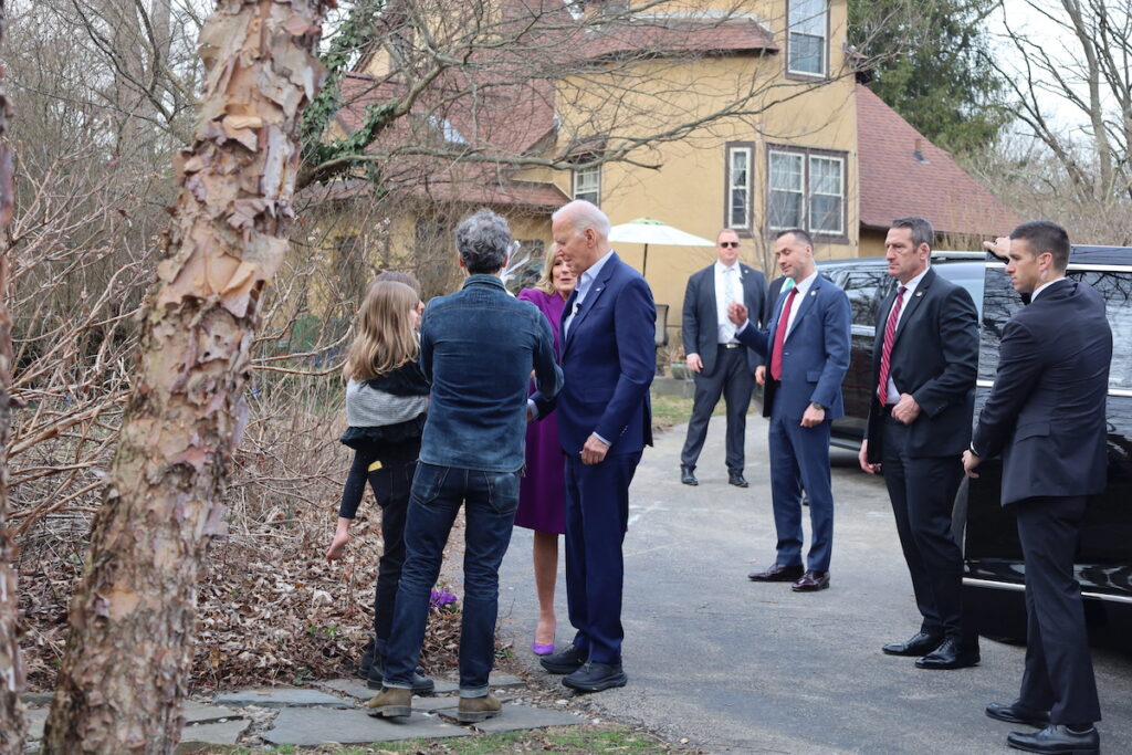 Biden speaks to people at a campaign stop in Delaware County