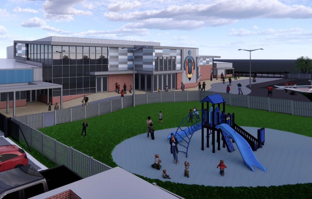 CEB-Youth-Center-Renderings-1 A rendering of a building with a playground in front of it.