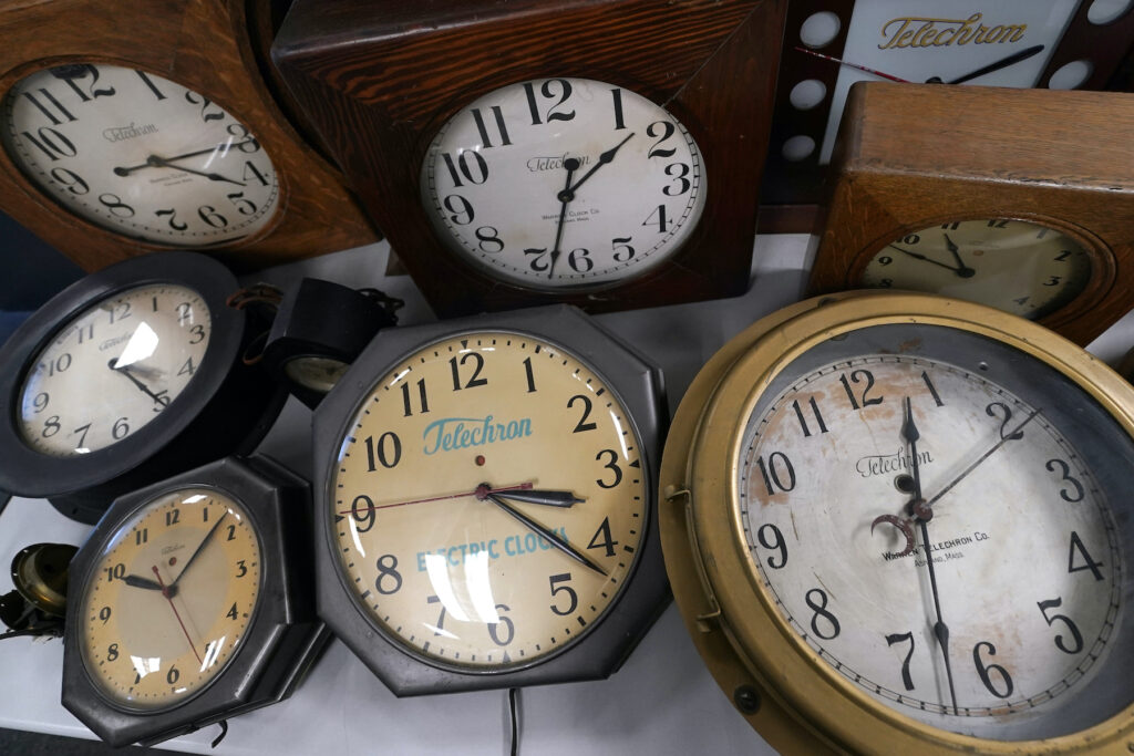 A group of vintage clocks