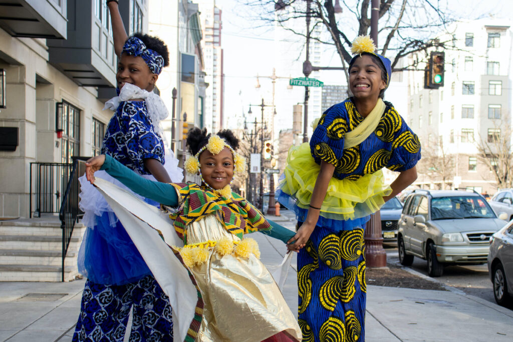 Young girls from the African American Stilt Ballet group pose for a photo outside of the Tinsley Temple United Methodist Church in South Philadelphia, PA on Feb. 25, 2024.