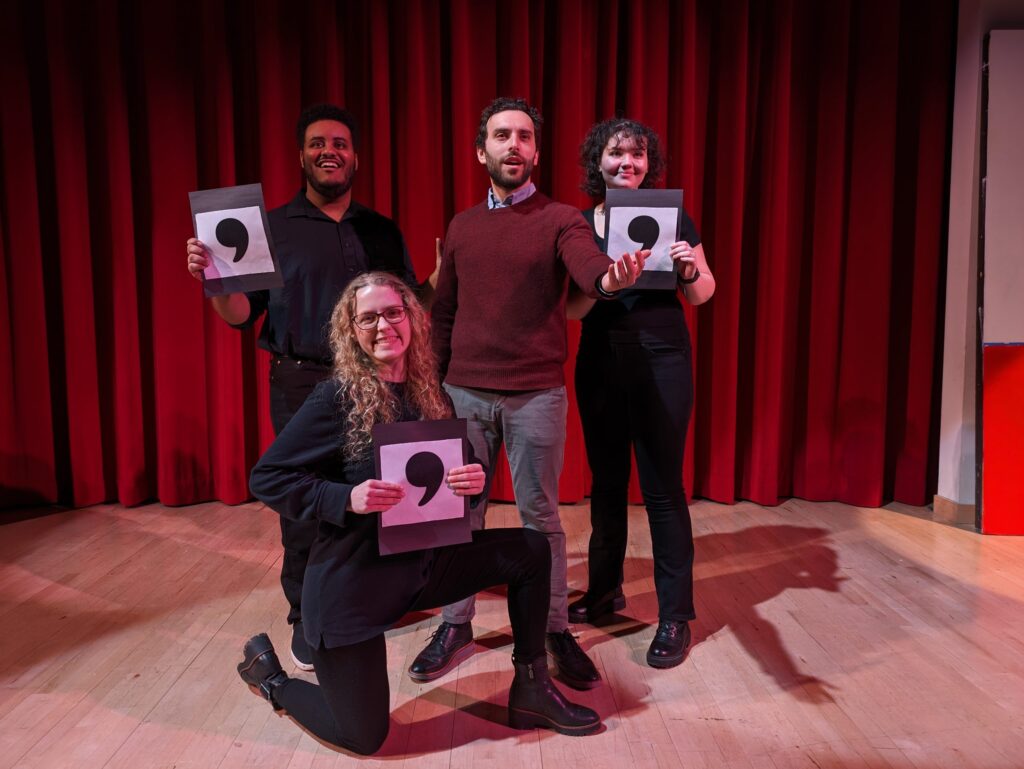 angry-grammarian-promo-shot-scaled In the new musical The Angry Grammarian, Abrham Bogale (from left), Madeline Snyder, Benjamin Behrend and Niamh Sherlock sing about the virtues and vices of the Oxford comma.