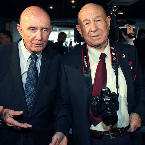 Retired space pioneers Tom Stafford of the U.S. (left) and Alexey Leonov of Russia meet in Moscow in 2011 for the 50th anniversary of the first man in space, Russian Yuri Gagarin. 