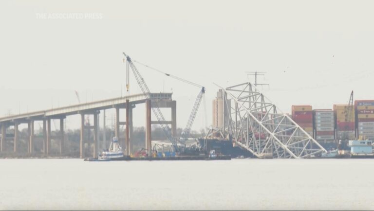 Crews have started removing first piece of twisted steel from collapsed Baltimore bridge. (Associated Press)