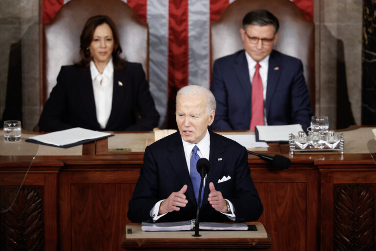 Biden delivers the SOTU address. Vice President Harris and Speaker of the House Mike Johnson look on