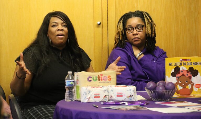 Tamika Nwalipenja (left) speaks during an WHYY Bridging Blocks event