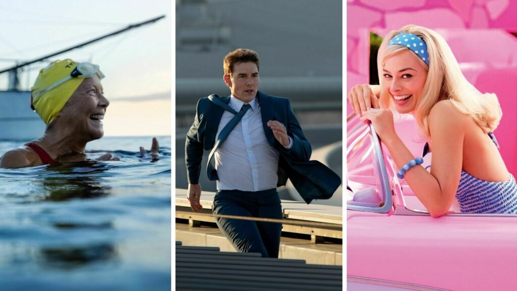 climate-reality-check-test An image, from left to right, of scenes from Nyad, Mission Impossible, and Barbie.