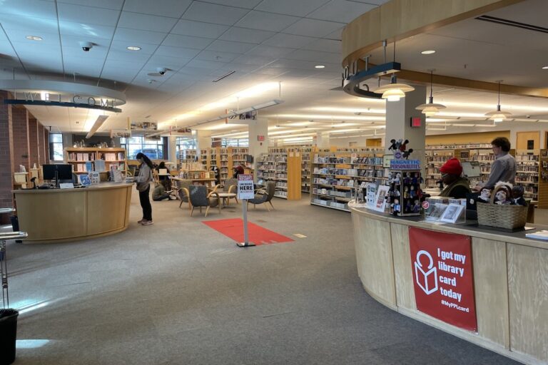 The front space and bookshelves of the Princeton Public Library