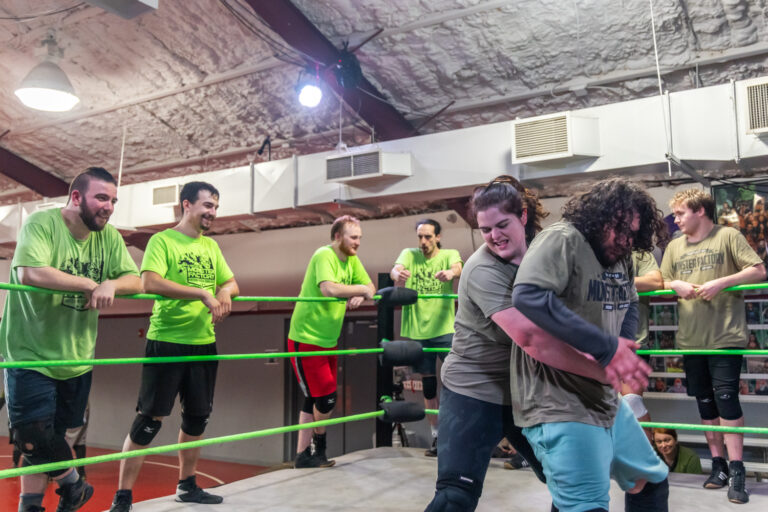 Gabi Franciosa, aka wrestler Stevie Brooks, takes on an opponent in the ring at the Monster Factory in Paulsboro, N.J. (Kimberly Paynter/WHYY)