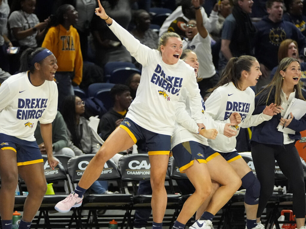 CAA Championship Basketball Members of the Drexel team celebrate during the second half of an NCAA college basketball game against Stony Brook in the championship of the Colonial Athletic Association conference women's tournament, Sunday, March 17, 2024, in Washington.