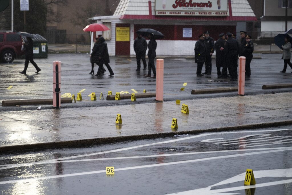 Deadly Bus Shootings Philadelphia Evidence markers are seen following a shooting in Northeast Philadelphia on Wednesday, March 6, 2024.
