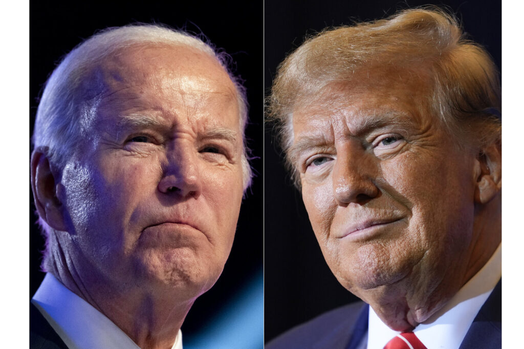 Election 2024 Michigan A close-up of Biden on the left and Trump on right