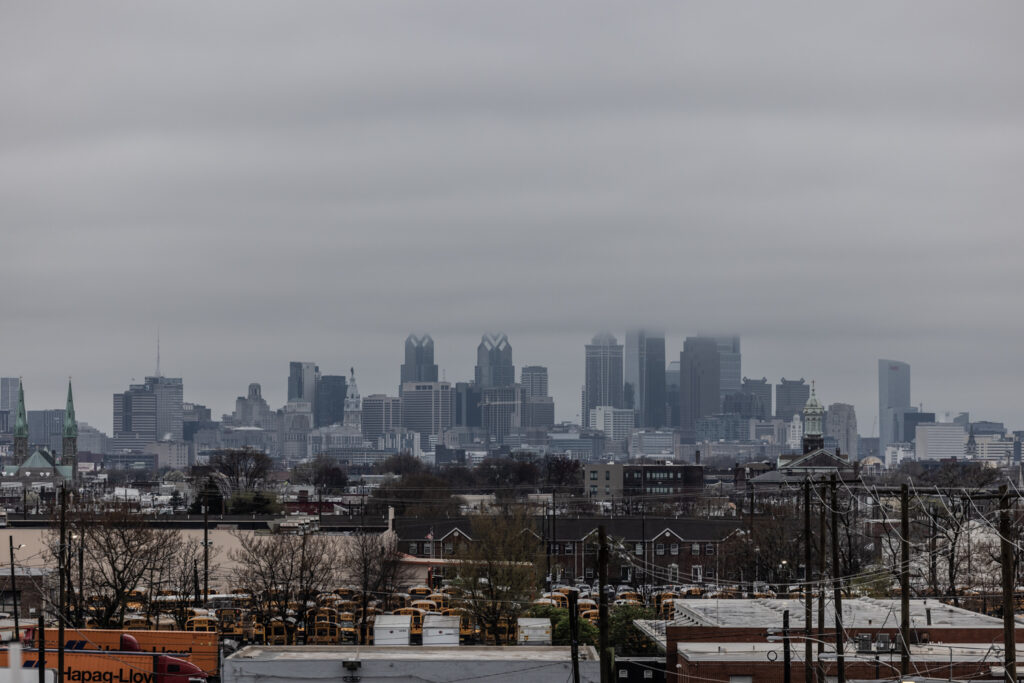 04 02 2024 k paynter reduced size philadelphia skyline The Philadelphia skyline is seen on a cloudy day