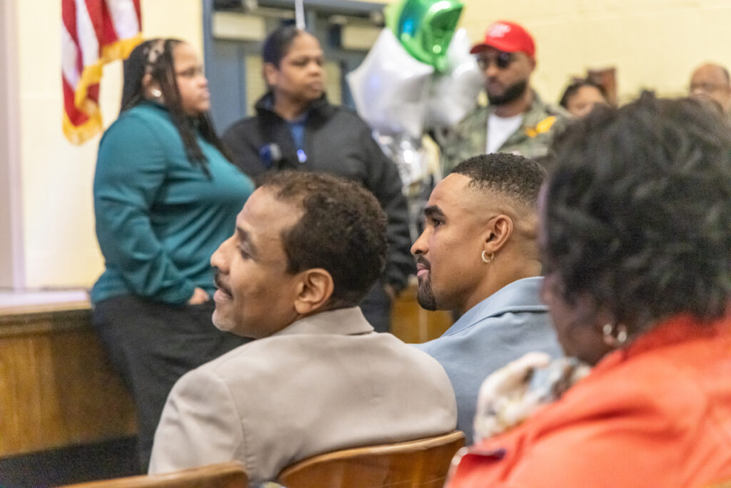 Eagles QB Jalen Hurts with Philly School Superintendent Tony Watlington at a pep rally