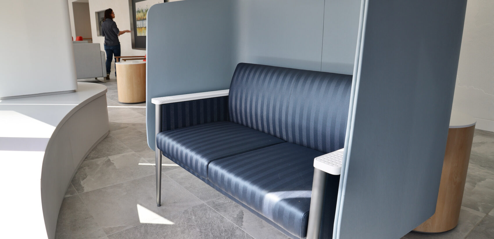A three-sided chair in the waiting room at the Honickman Center