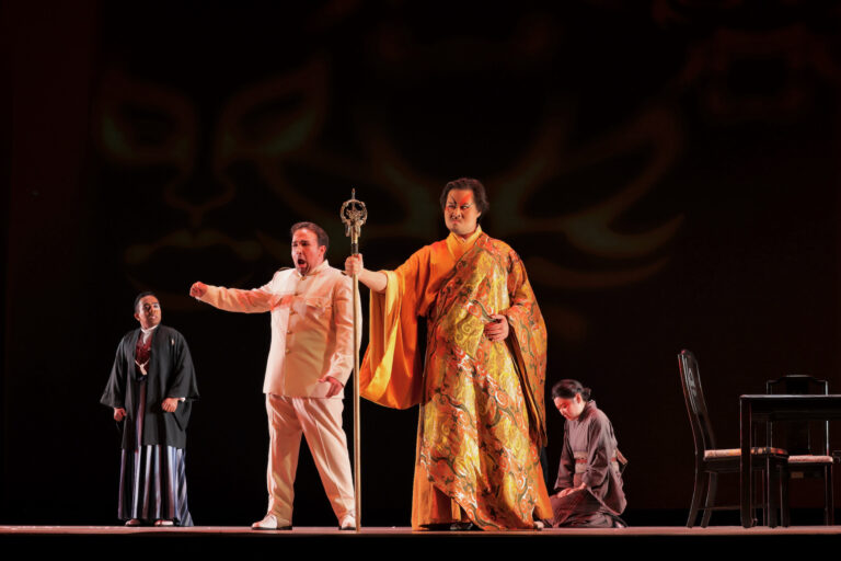 Lt. Pinkerton (Anthony Ciaramitaro) confronts Cio Cio San's uncle (Suchan Kim), during a rehearsal of Opera Philadelphia's ''Madame Butterfly.''