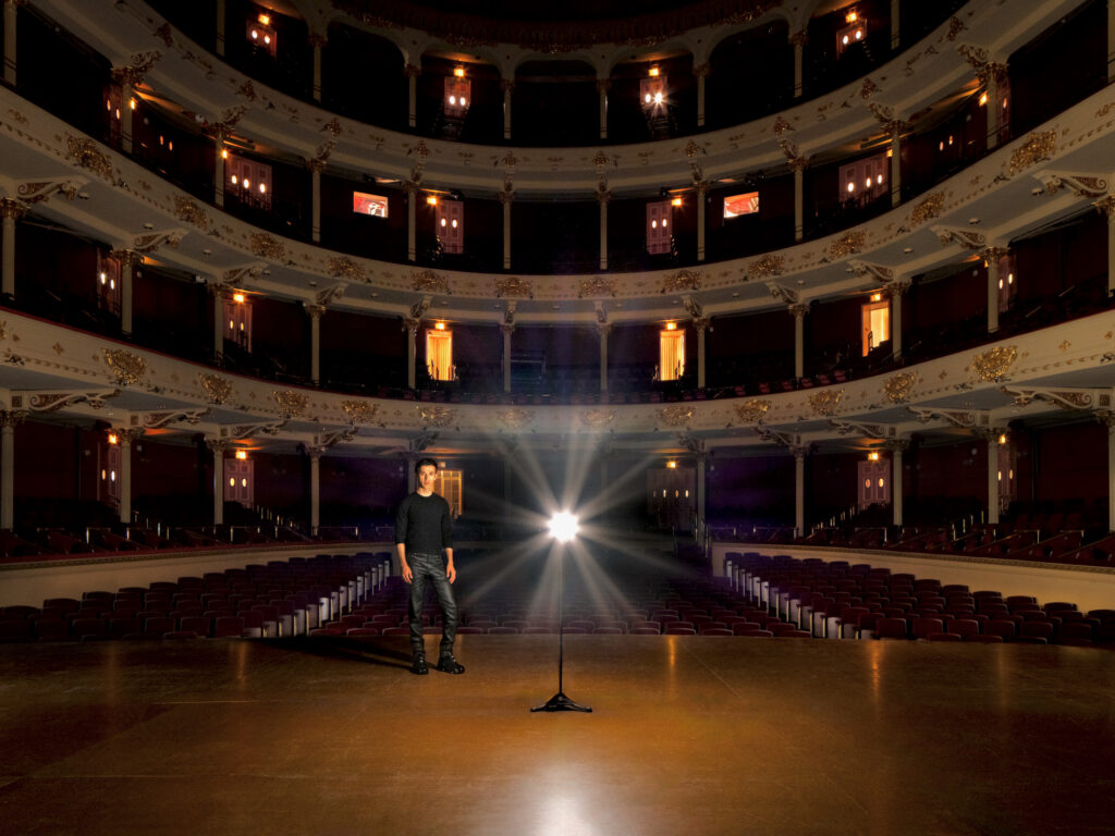 2024 04 24-provided-anthony roth costanzo-philadelphia academy of music-opera philadelphia general director on stage Anthony Roth Costanzo stands on the stage at the Academy of Music